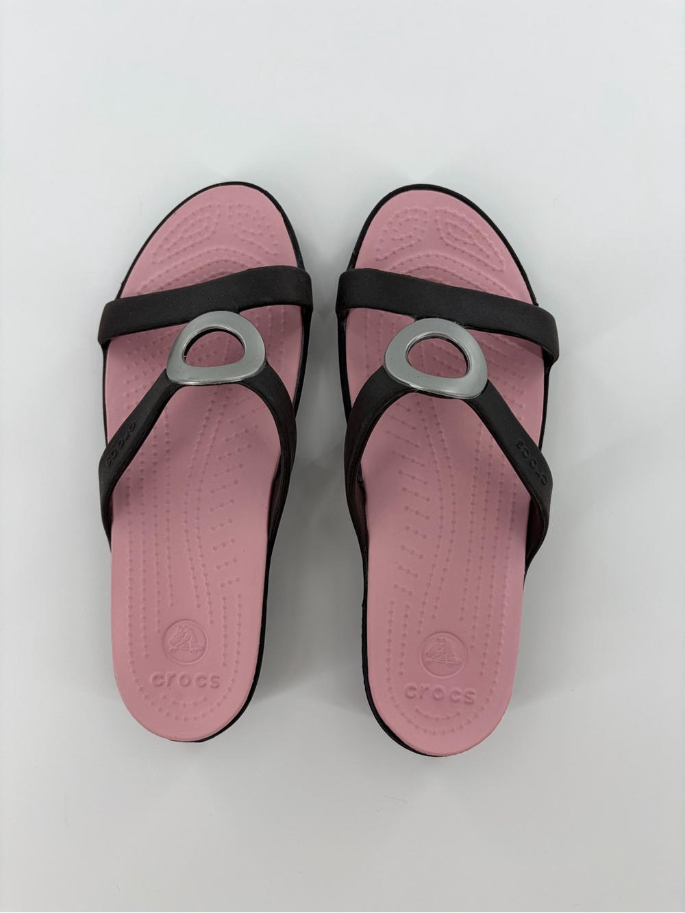 CROCS Women's Pink Footbed Black Strap Sandals with Silver Accent